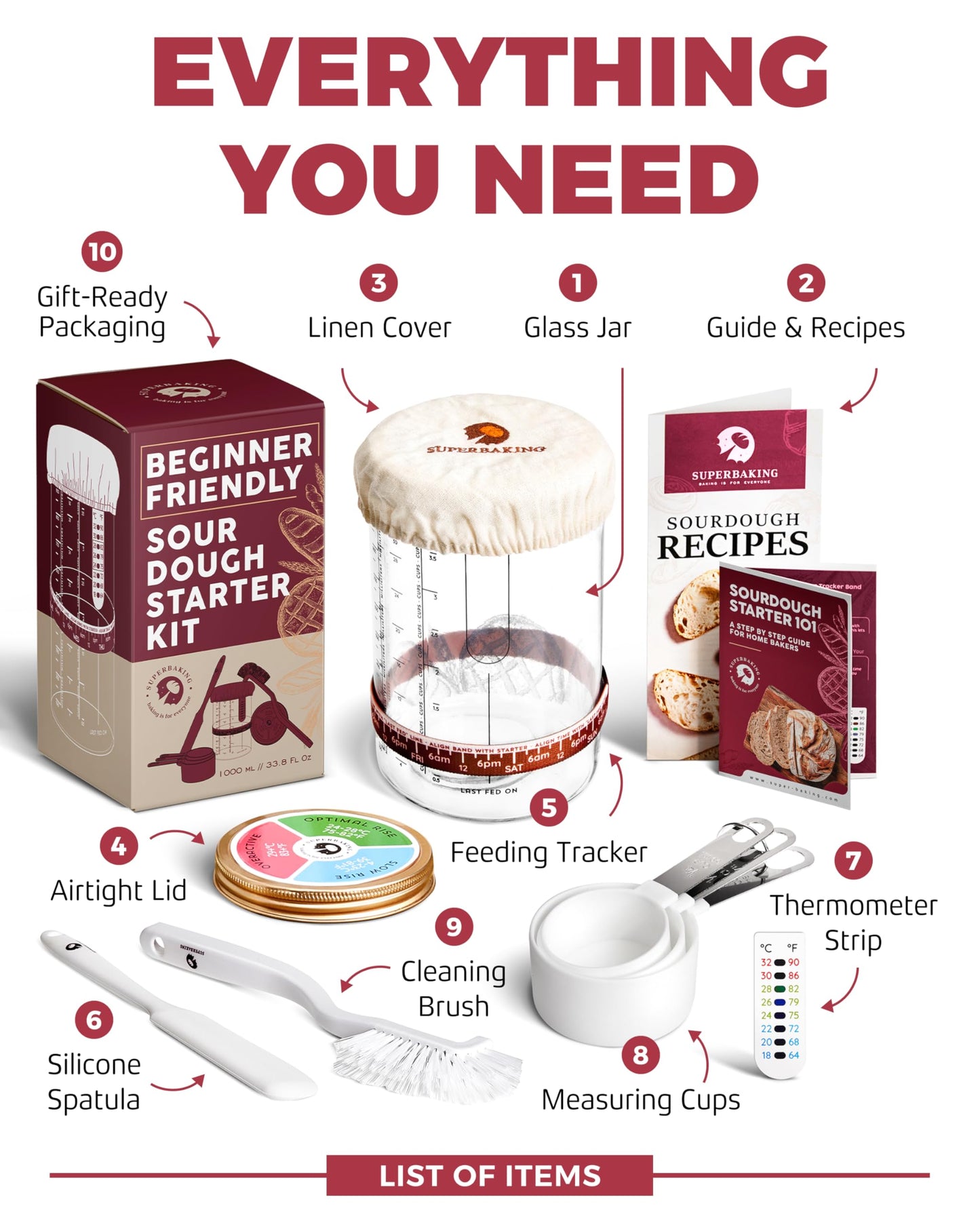 Superbaking Sourdough Starter Jar, Beginner Sourdough Starter Kit, 34oz Wide Mouth Sour Dough Glass Jar with Guides & Recipes, Sourdough Bread Baking Supplies, Sourdough Container Crock