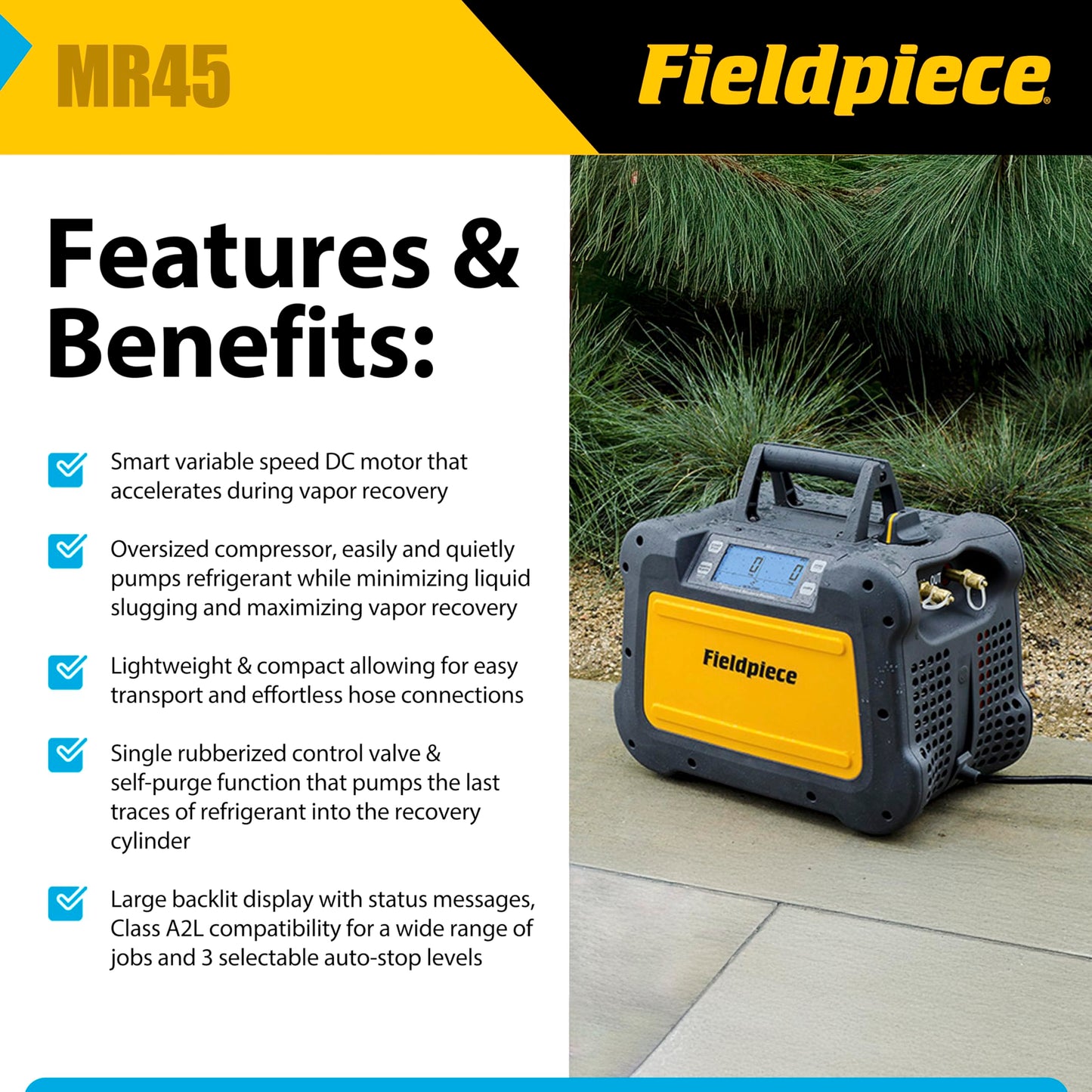 Fieldpiece - MR45 Lightweight Digital Refrigerant Recovery Machine - Wide Operating Voltage with Easy Access Ports - A2L Compatible