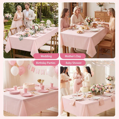 3 Pack Plastic Light Pink Tablecloths, 54 X 108Inch Disposable Spring Tablecloth Scalloped Mother's Day Table Cloth for Rectangle Tables Table Cover for Easter Baby Shower Bridal Tea Party Wedding