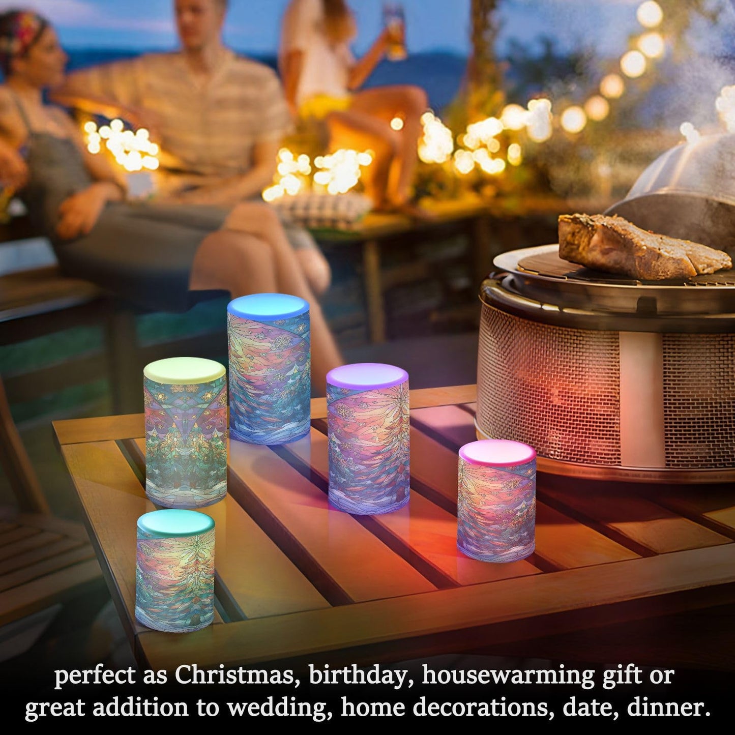 ALAZA Stained Glass Christmas Tree Winter Flameless Candles Flickering LED Candles with Remote Timer Battery Operated Pillar Candles Set of 2 for Dinner Holiday Decor