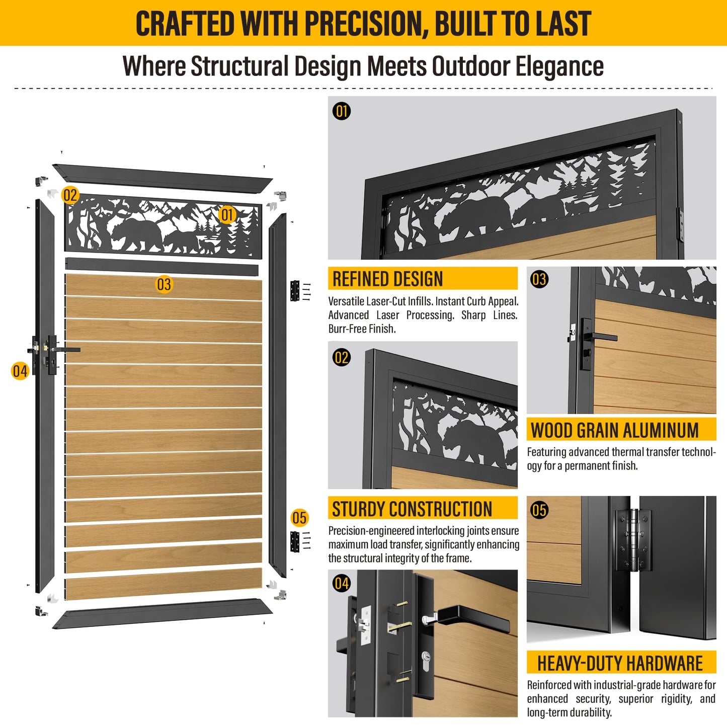 Brukid 4x6 FT Aluminum Fence Gate Kit Wood Grain Aluminum Gate with Decorative Cutout, Lock & Hinges, Left/Right Opening, Weather Resistant for Yard Garden Patio