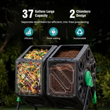 OLIXIS Compost Bin Outdoor 37 Gallon, Separated Dual Chamber Composter Tumbler Outdoor with Gloves, Efficient 360°Rotating Composting Bin for Patio, Lawn, Home Gardening and Landscape, Green