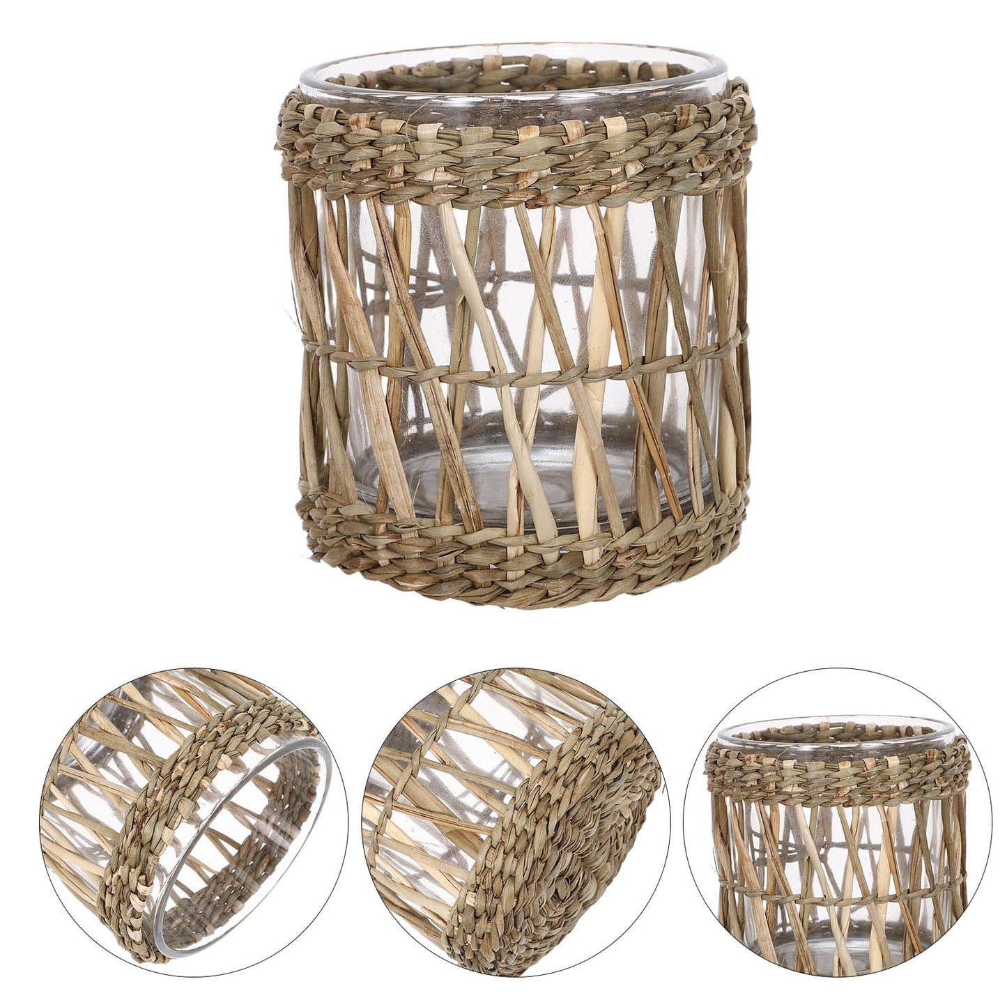MAGICLULU Glass Tea Light Candle Holder Cups 7cm Diameter, Handwoven Straw Cylinder Votive Holders for Dining Room Table Centerpiece and Home Decor