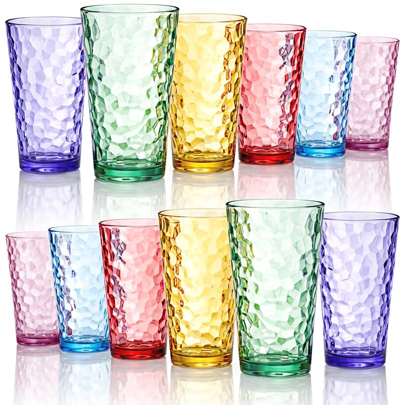 Bravario Hammered Plastic Drinking Tumbler, Dishwasher-Safe Premium Quality Water Glasses, BPA-Free Reusable Mixed Colors Assorted Stackable Cups, 22 oz Set of 6