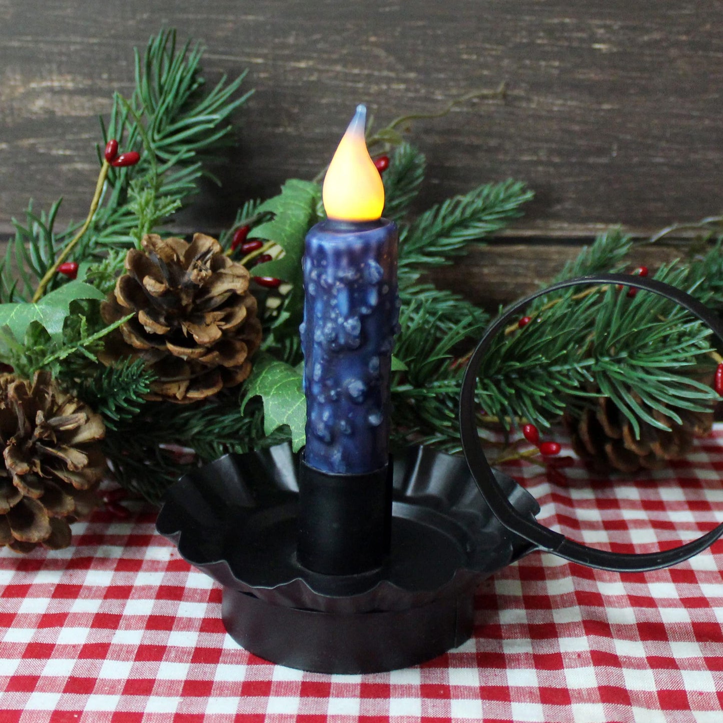 CVHOMEDECO. Real Wax Hand Dipped Battery Operated LED Timer Taper Candles Rustic Primitive Flameless Lights Decor, 4-3/4 Inch, Navy Blue, 6 PCS in a Package
