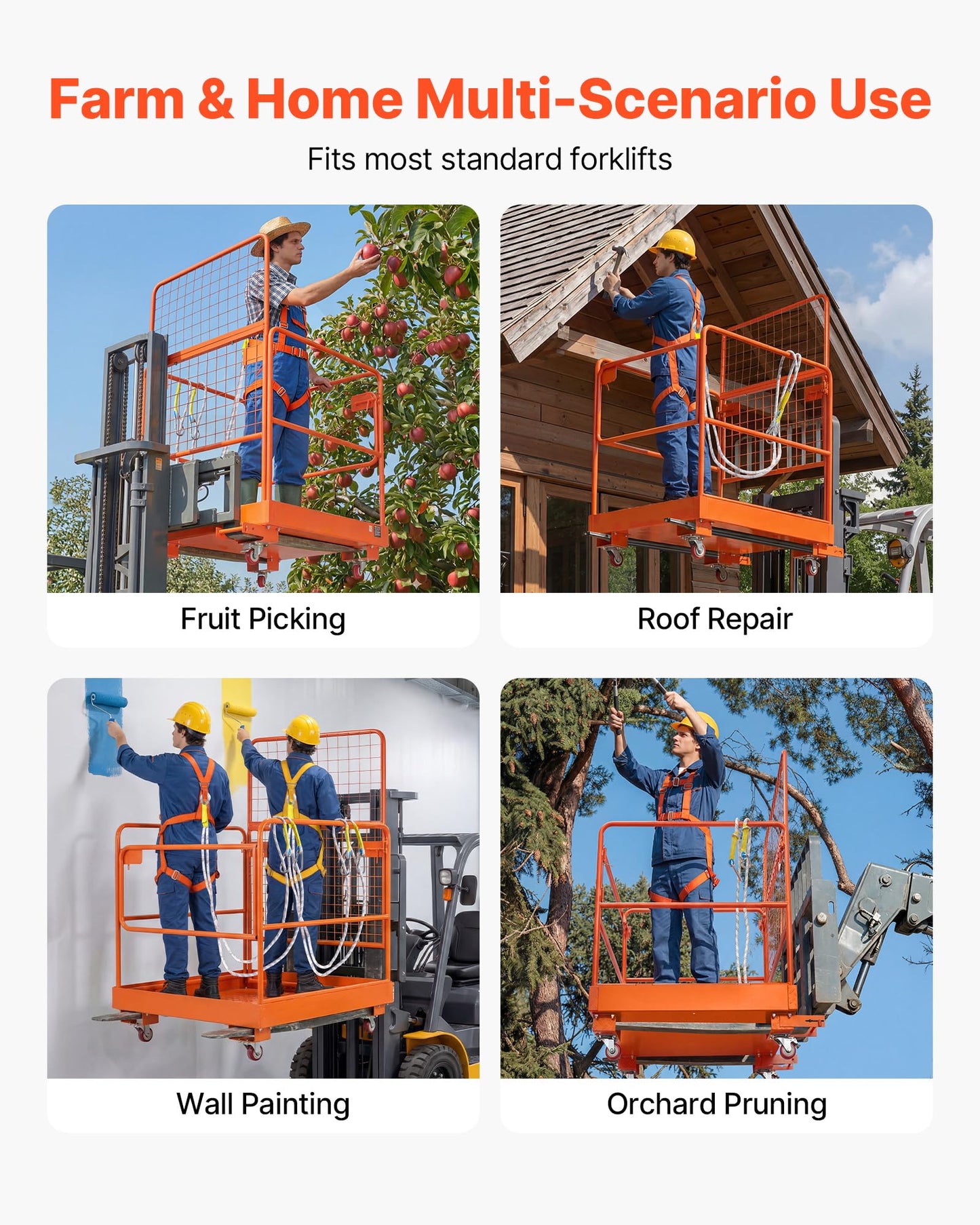 VEVOR Forklift Man Basket, 36.2 x 41.1 Inch Forklift Safety Cage with 4 Wheels, 1200 lbs Capacity, Heavy Duty Work Platform Collapsible Lift Basket, Safety Harness, for Aerial Work Lifting Loader