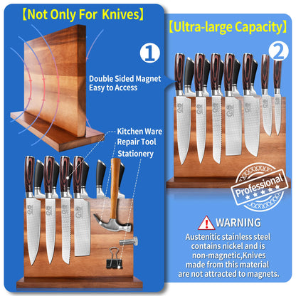 XYJ Authentic Since 1986, Magnetic Knife Block, Double Side Kitchen Knife Stand, Acacia Wood, Magnetic Knife Holder with Strong Enhanced Magnets,Knives Storage Rack Stand for Home Kitchen