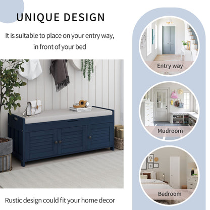 Merax Farmhouse Wood Shoe Bench with Seat Cushion Window Storage Cabinets for Entryway Hallway Living Room Antique Navy