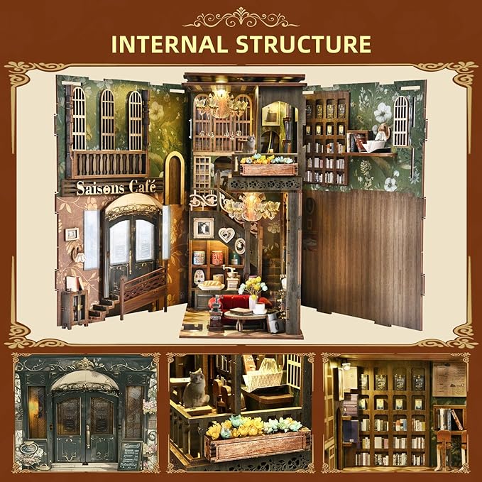 Book Nook Kit DIY Miniature Dollhouse Book Nook Kit with Dust Cover and LED Light (Saisons Café)