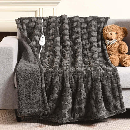 Bearhug Electric Blanket King Size 100" x 90", Dual Controller Heated Blanket, White Flower Patterns Faux Fur & Warm Sherpa, 10-Heat Levels & 1-12H Auto Off,ETL, Machine Washable