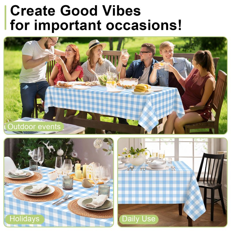 QIKSION Light Blue Gingham Tablecloth Disposable 12 Pack, 54 x 108 Inch Blue and White Checkered Table Cloth for Baby Shower, Easter Decorations, Birthday Party, Rectangle, Plastic Table Cover