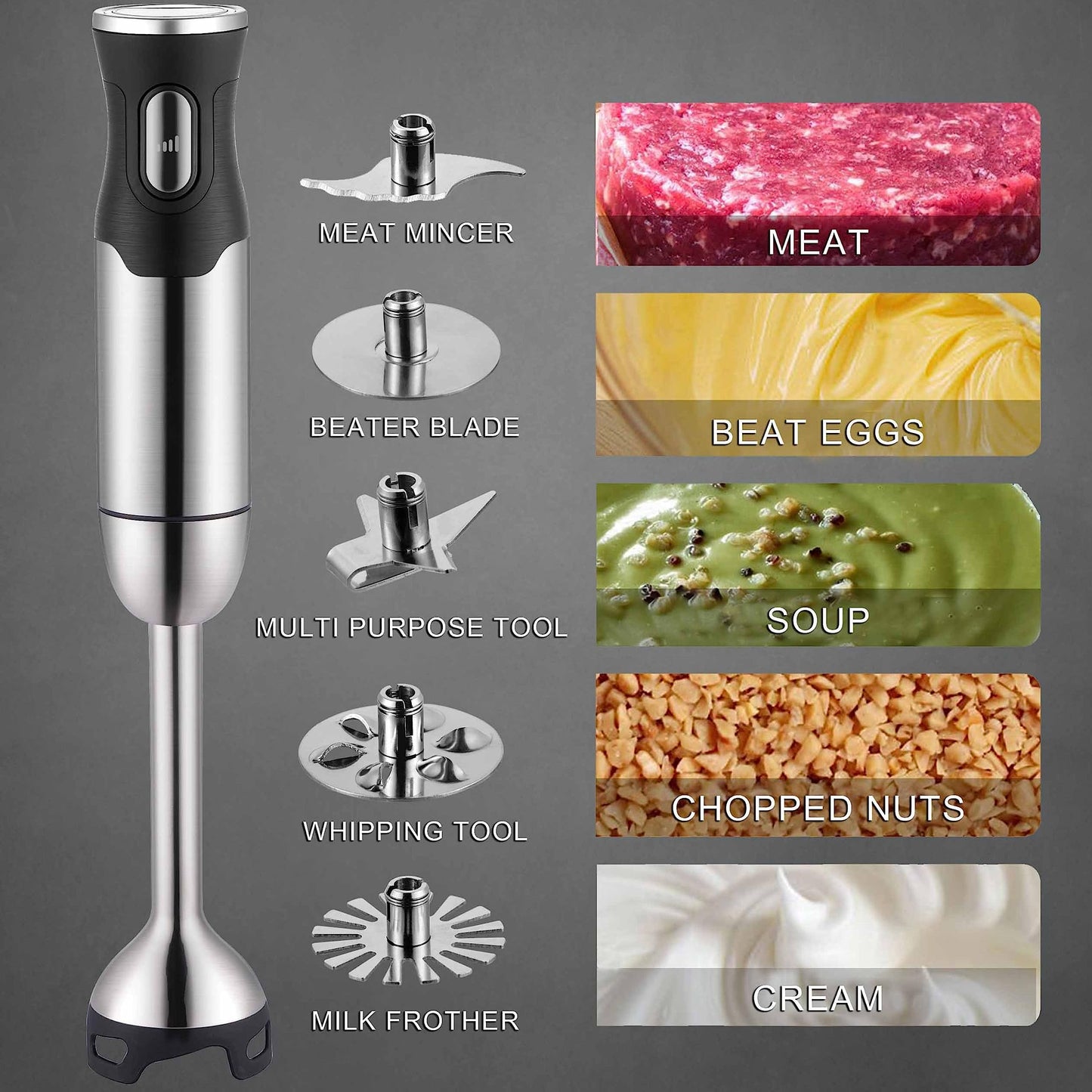 BergHOFF X5 Pro Stainless Steel Handheld Food Processor With 5 Multifunctional Blades, 1000W, 18000 RPM, 13ft Expandable, Low Noise, 16-Speed Control, Lightweight