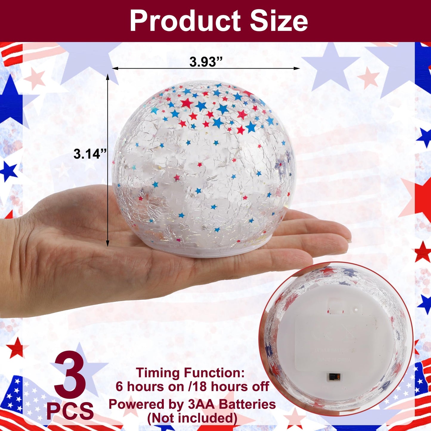 3PCS Independence Day Decorative Lights, 3.93-inch Independence Day Desktop Decoration LED Night Light, Cracked Glass Ball Light with Timer, 4th of July Decoration (Small Five-Pointed Star)