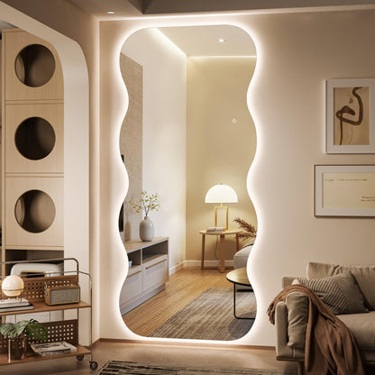 Hasipu Wavy Full Length Mirror with Lights - 94"×39" LED Wavy Floor Mirror, Frameless, Dimmable, Standing or Vertical/Horizontal Wall-Mounted Mirror for Bedroom, Living Room, Cloakroom