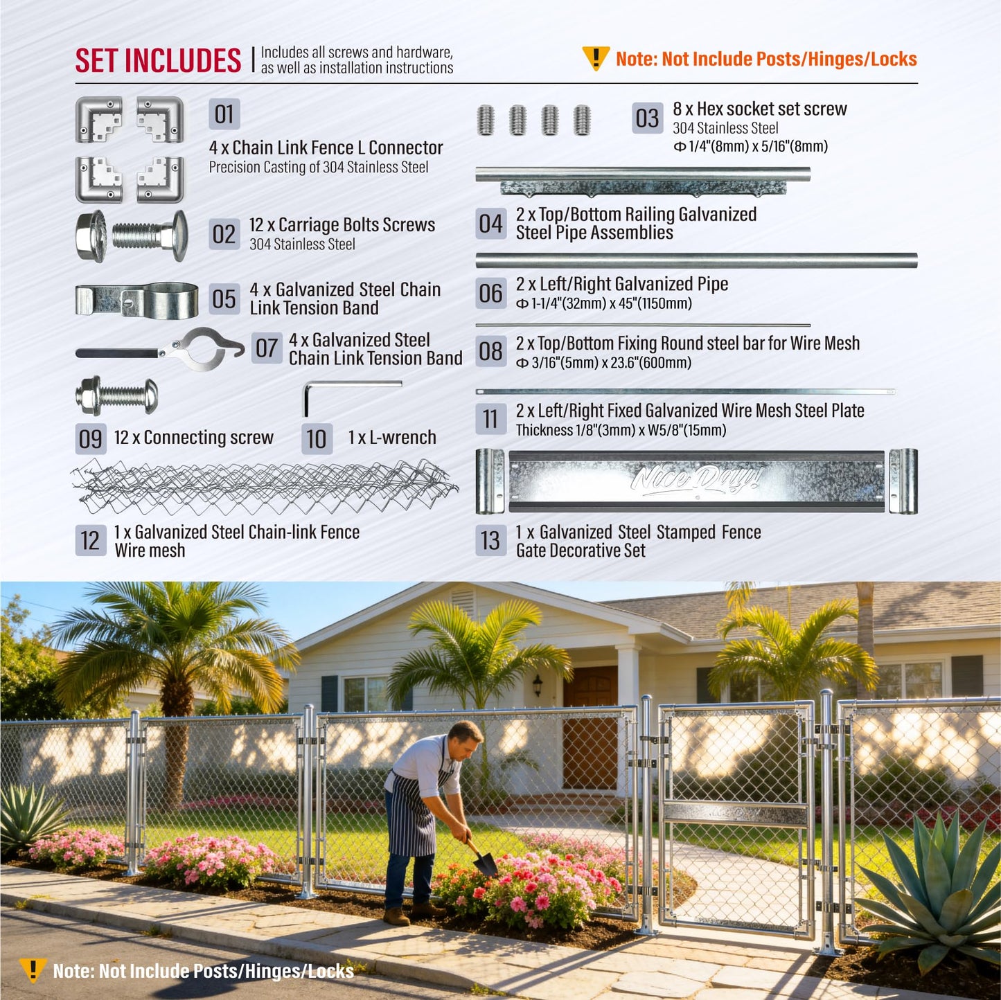 DooToo 3x4FT(31.5"W x 47.2"H) Heavy Duty Galvanized Steel Chain Link Gate, Durable Outdoor Fence Gate Easy Installation for Backyard丨Garden丨Pet Yard