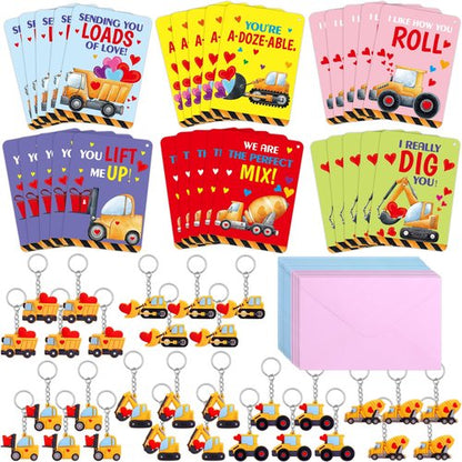 Fancy Land Construction Valentines Cards with keychains 30 Pack Classroom Kids Valentine's Day Cards with Keychains Exchange Gift Set Boys Girls Goody Bag Favors Truck Tractor