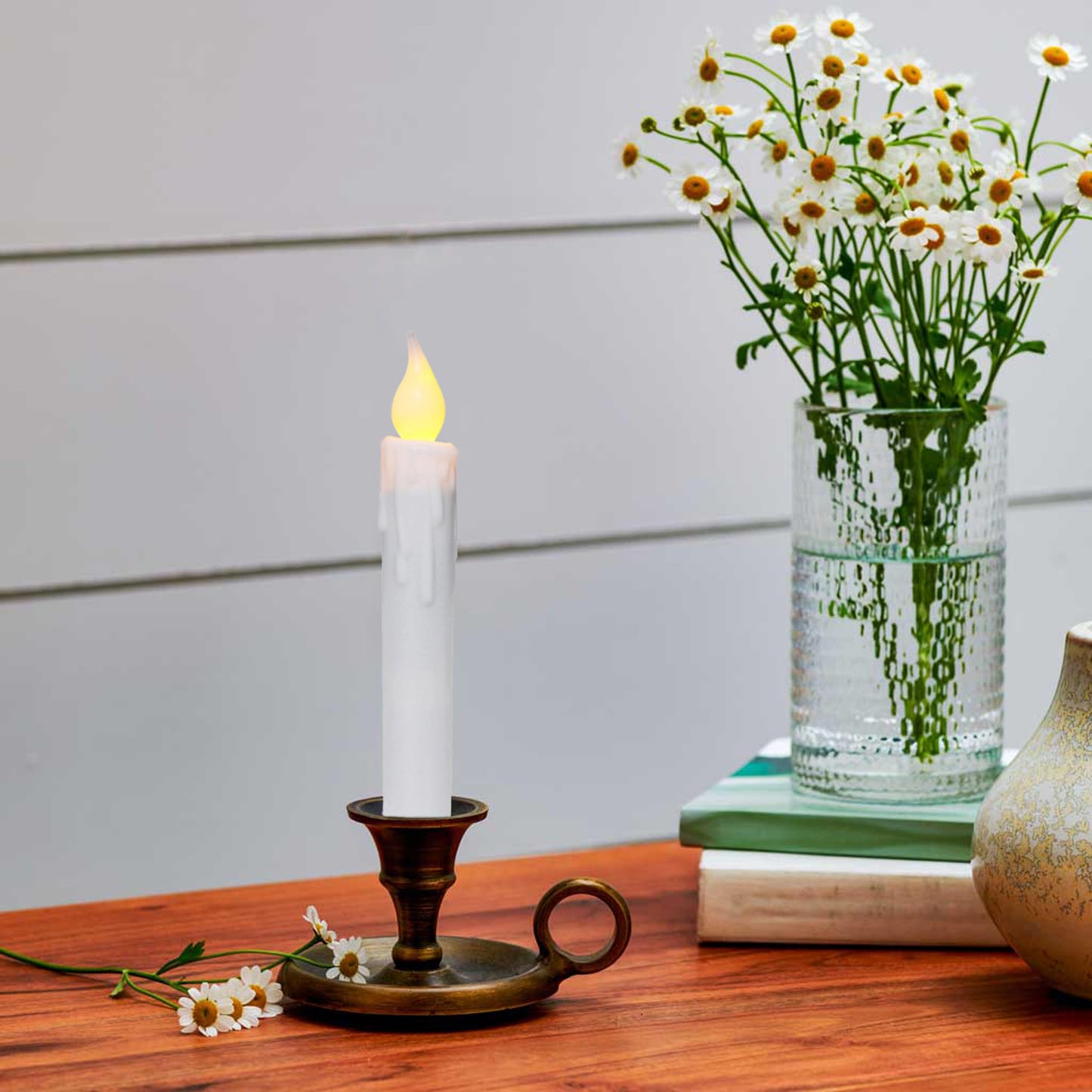 CVHOMEDECO. Flickering Taper Candles LED Drip Flameless Candles, Battery Operated with Timer, White, 6-3/4 Inch, Set of 4