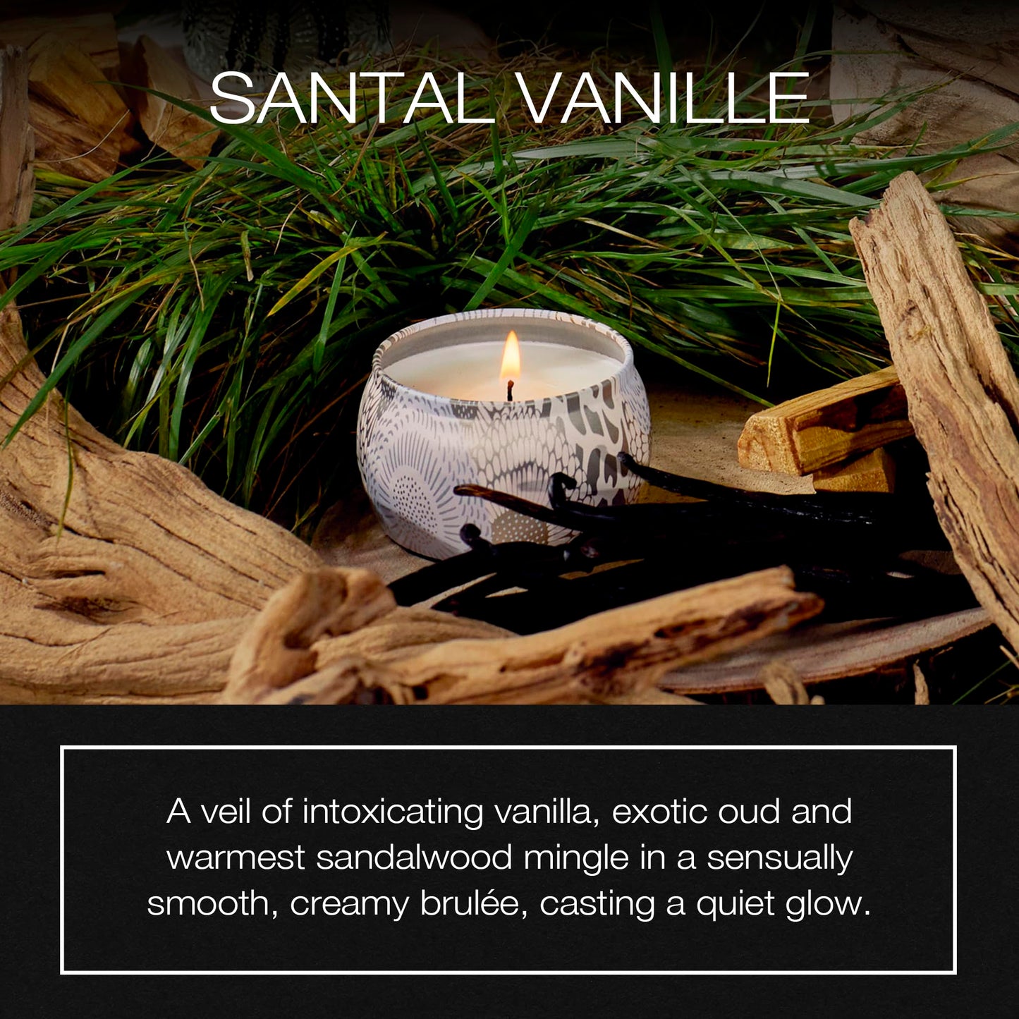 Voluspa Santal Vanille, Mini Tin Candle, 4 Ounce, 25 Hour Burn Time, Coconut Wax for Clean Burning, Handcrafted in the USA