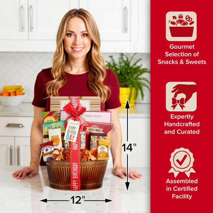 Broadway Basketeers Birthday Gift Basket – Gourmet Snacks & Sweet Treat Box with Cookies, Candy & more - Food Gift Basket for Women, Men & Families - Happy Birthday Surprise Box, Kosher