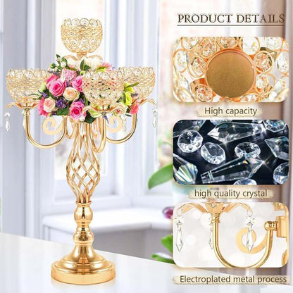 Elegant 5-Arm Candelabra | Crystal Pendant Centerpiece - 23.6 Inch Tall for Weddings & Home Decor