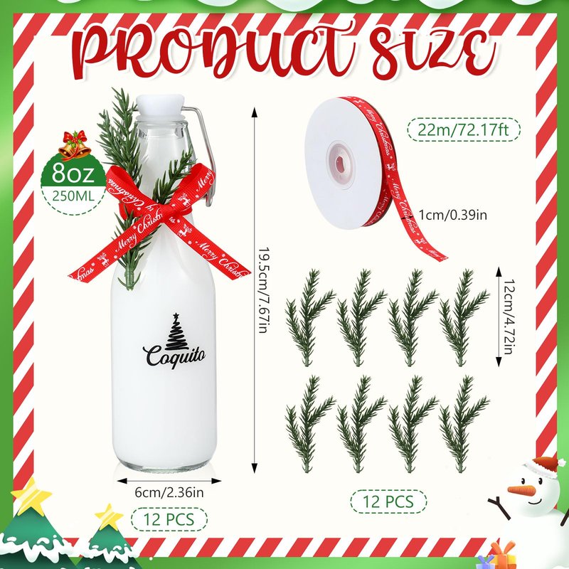 Sieral 12 Pack Christmas Coquito Glass Bottle 8oz Clear Flip Swing Top Beer Brewing Bottles with Ribbon and Artificial Branches for Liquids Wine Christmas Tree Xmas Gifts
