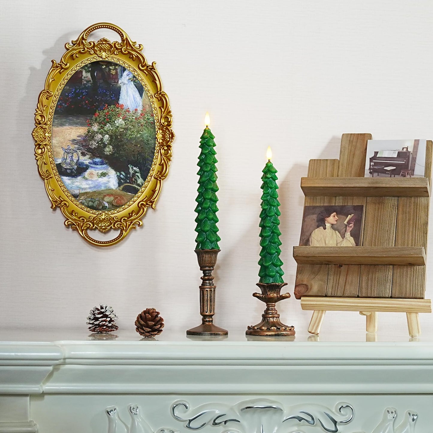 yunsheng 3Pcs Christmas Tree Candles with Remote Timer, Green Real Wax Flameless Taper Candles Flickering, 9.5 Inches Battery Operated LED Window Candle for Home Holiday Decor