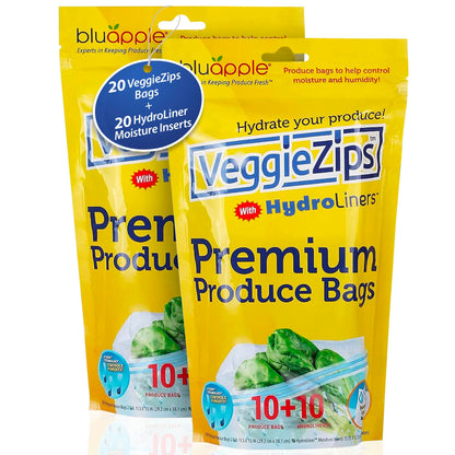 Bluapple VeggieZips Premium Produce Storage System - 40 Piece Set, 20 Food Saver Bags + 20 HydroLiners, Keep Produce Fresh Longer, Washable & Reusable Bags with Humidity Control for Fruit & Vegetables