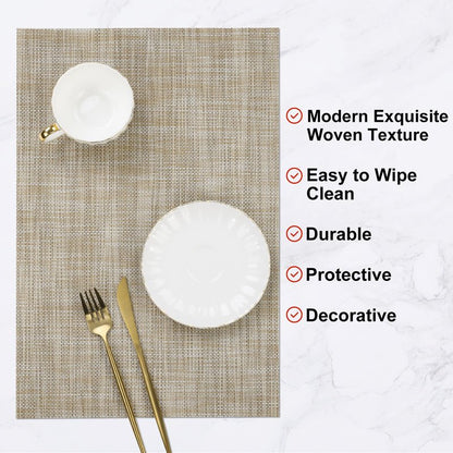 SHACOS Placemats Set of 6 Woven Vinyl Place Mats Wipeable Heat Resistant Stain Resistant Table Mats Indoor Outdoor, Beige