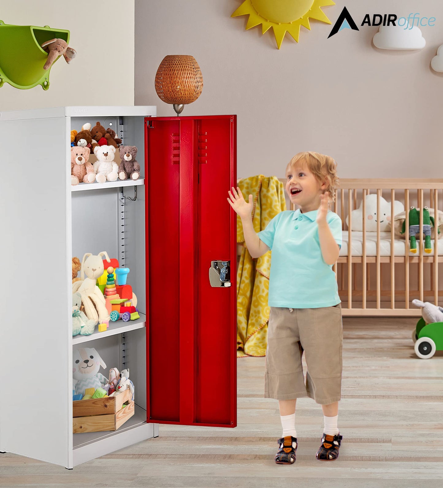 AdirOffice Kids Steel Metal Storage Locker - for Home & School - with Key & Hanging Rods (48 in 1 Door, Red)