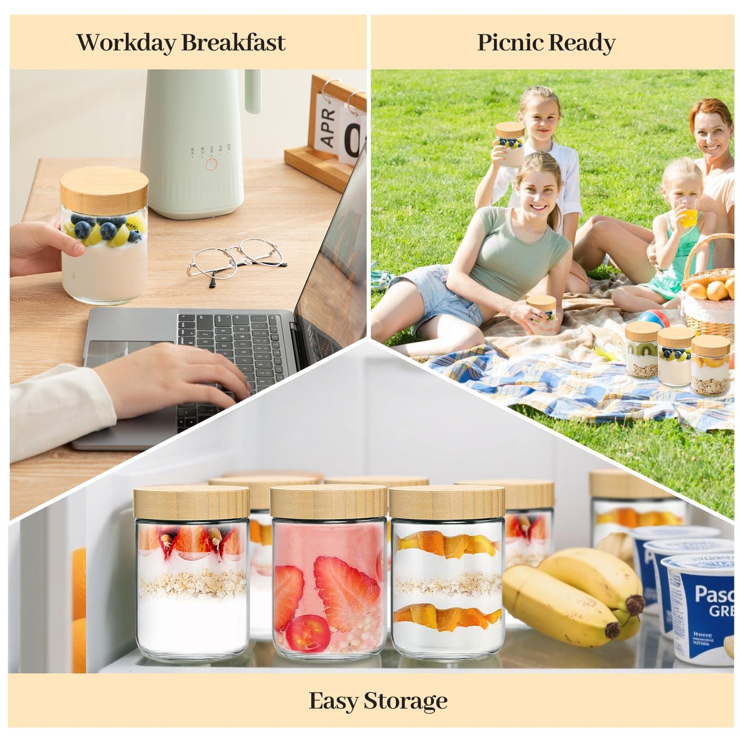TBWIND 4 Pack 16oz Glass Jars with Bamboo Lids, Spoons, Airtight Overnight Oats Containers, Wide Mouth Mason Jars, Food Storage Container for Yogurt Salad Snacks Spice Sugar Meal Prep – Reusable