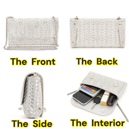 LUKLUKTAISUN 2026 Rhinestones Clutch Purses for Women 3d Evening Bags PU Leather Handbag for Cocktail Prom Party Wedding(Silver)