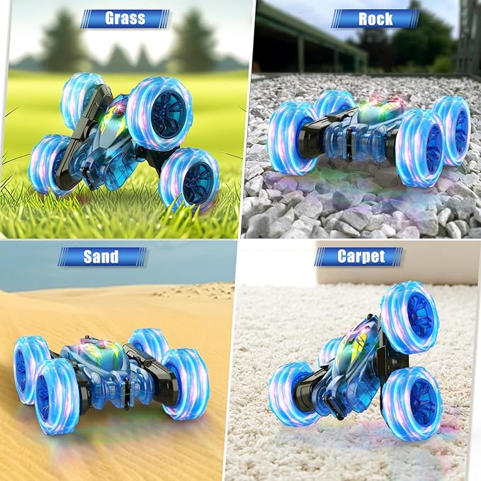 Remote Control CarStunt RC Cars For Kids with Colorful LightFast USB-C ChargingDouble-Sided 360° Rotating Rechargeable 4WD RC Truck Car Toys for Ages 5-7 Gift for Boys Girls Ages 8-12(Blue)