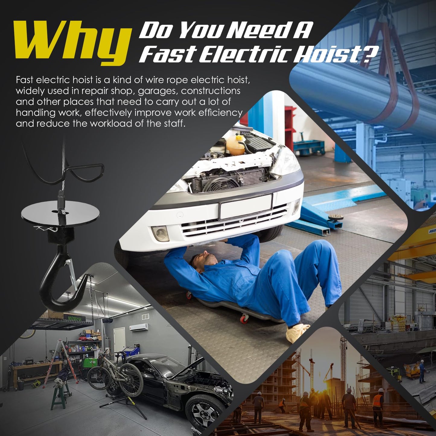 Mxmoonant Fast Brushless Electric Hoist Winch 570lb, 59ft/min Power Electric Hoist 98ft Lifting Height, Pendant & Wireless Remote Control for Garage Repair Shop Construction 110V