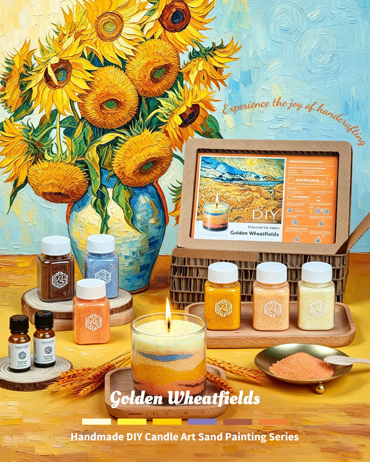 Golden Wheatfield DIY Pearled Candle Sand Set - 11 Oz Sand Wax Beads (6 Colors), 2x10ml Scented Essential Oils, 4 Reusable Wicks, Glass Cup & Spoon, Home Decor & Handmade Gift & Craft Enthusiasts