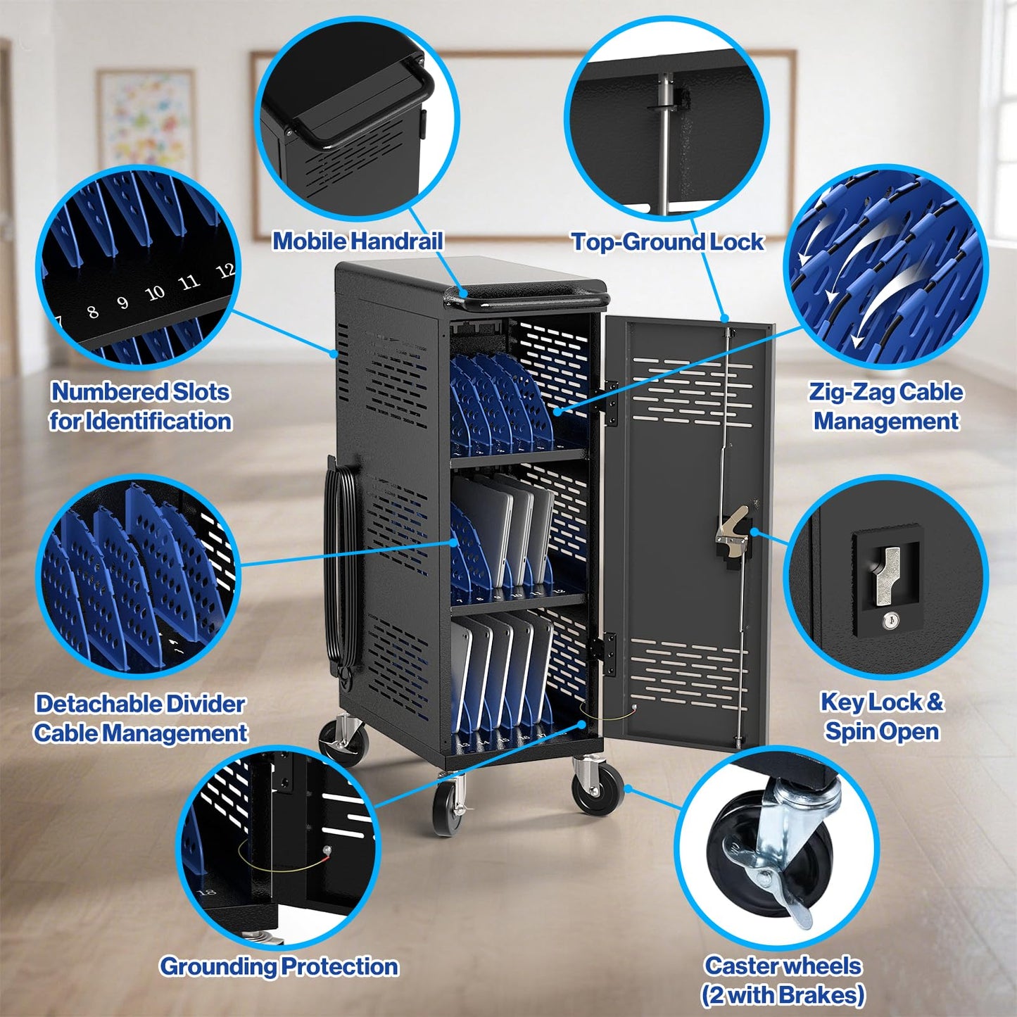 Fully Assembled 18-Device Charging Cart for Chromebook - Locking Laptop Cabinet with Cable Management, Cord Organization, Power Strip - Locks and Stores Tablets up to 14'' and 1.4'' Thick (Black)