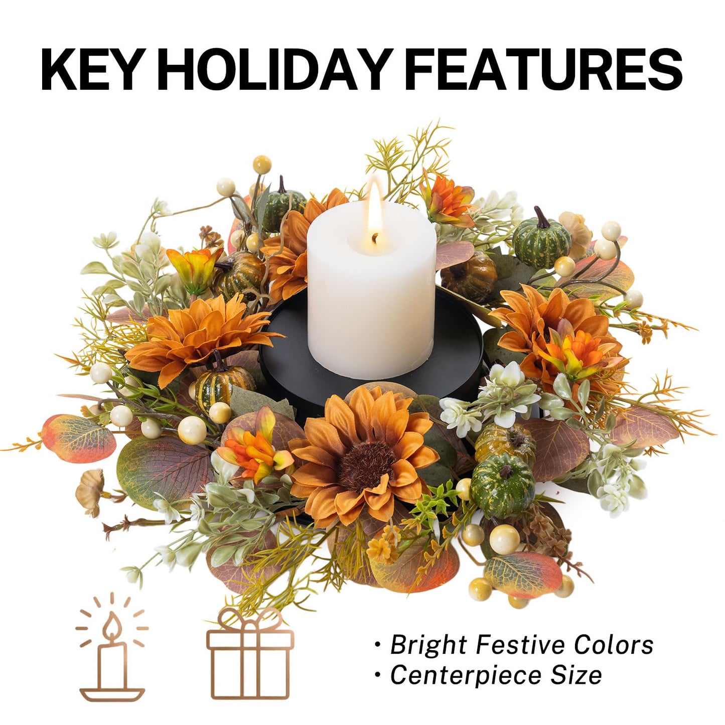 MOYEE Autumn Candle Holder Centerpieces for Tables,Candle Ring, Black Metal Candlestick with an Artificial Wreath 14 in Versatile Dining Table Centrepiece (Caramel Sunflower Wreath)