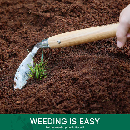 Berry&Bird Stainless Steel Bent Angle Gardening Sickle, Weed Scraper-Hoe with Ergonomic Ash Wood Handle, 12.67-Inch Blade for Weeding & Soil Loosening