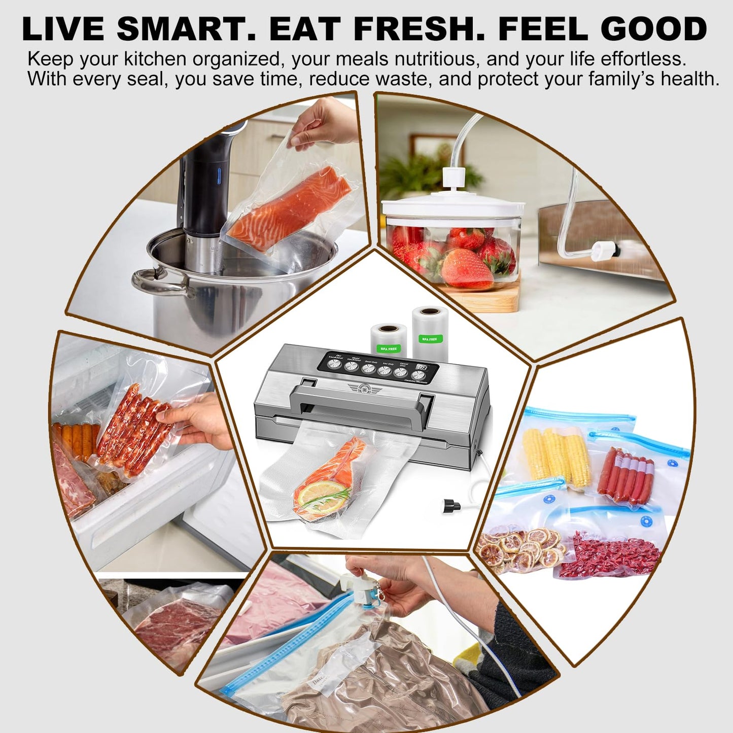 Precision Food Vacuum Sealer Machine, POWOT Fully Automatic Vacuum Sealing System, Commercial Food Vacuum Saver Pro, Double Heat Seal, Easy-Lock Handle, Built-in Cutter&Bag Storage, Hose&Bag Rolls