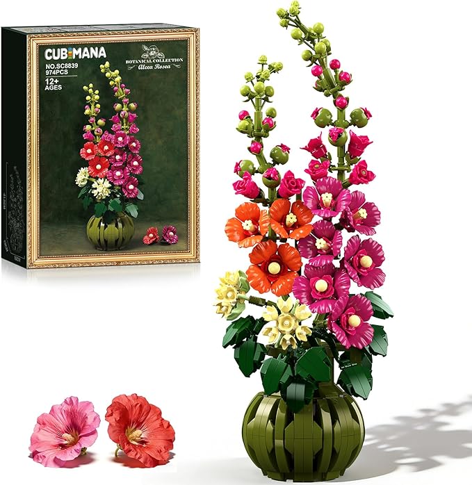 Flowers Botanicals Alcea Rosea Building Set for Adults - Artificial Bonsai Plant for Home Office Décor 974PCS Flower Building Block Indoor Decoration Birthday Easter Gift for Wife Women