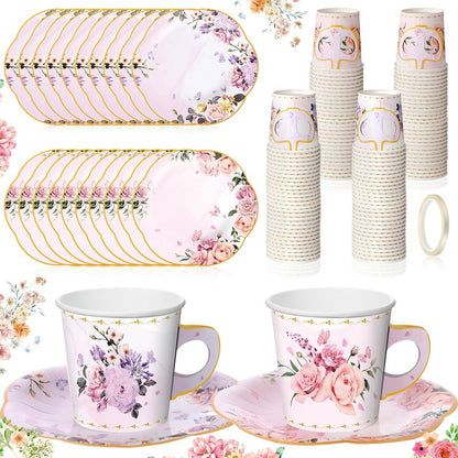 Umigy 60 Set 6.5 oz Floral Paper Tea Cups with Handle and Plates Tea Party Decorations with Tape Disposable Blossom Teacups and Saucers Sets for Hot Cold Birthday Drink(Elegant)