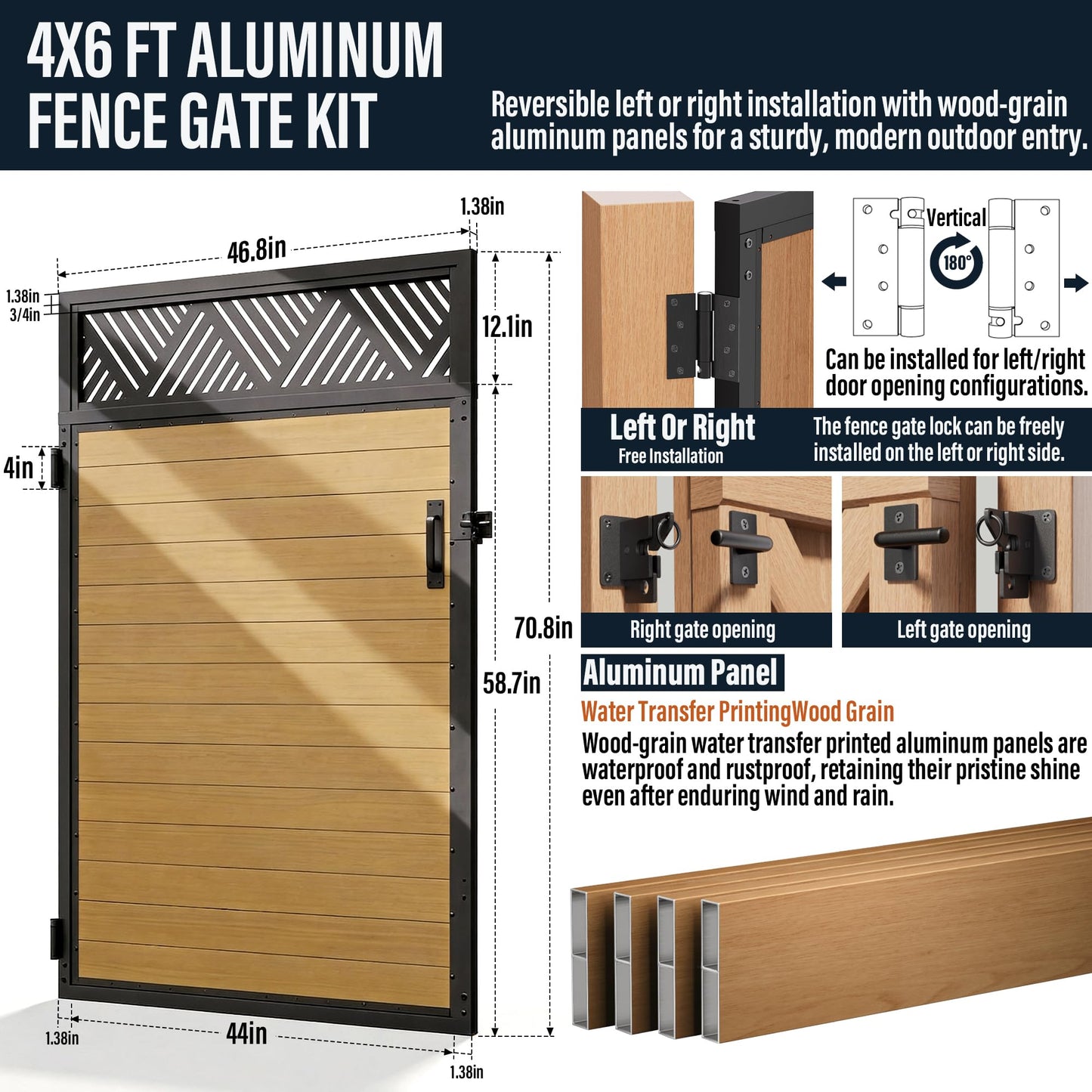 TORMIZ 4x6 FT (46.8"x70.8") 201 Stainless Steel Fence Gate Kit with Wood-Grain Aluminum Panels – Heavy Duty Anti-Sag Metal Gate Frame, Pre-Installed Left/Right Mount (All-in-One Kit, Panels Included)