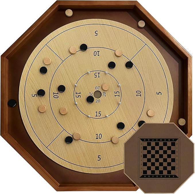 30 Inch Tournament Crokinole Board Game 2 in 1 Crokinole and Checkers with 26” Playing Surface Metal Pegs Wooden Octagon Canadian Tabletop Board Game Krokinole for Families and Friends