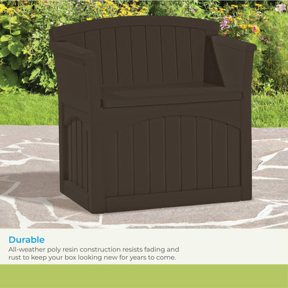 Suncast 31 Gallon Outdoor Backyard Garden Patio Seat Storage and Bench Chair with Arm Rest, Java