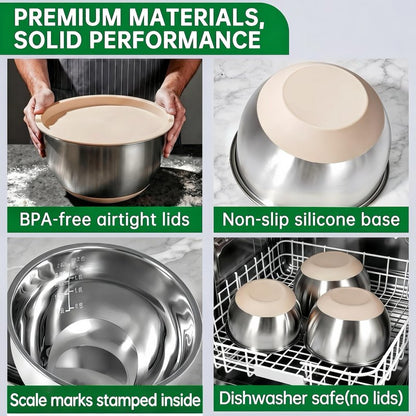 Deedro Premium Mixing Bowls with Airtight Lids Set, 22Pcs Thicker Stainless Steel Mixing Bowl Set, Large Prep Metal Bowls, Non-Slip Silicone Base Nesting Bowls for Kitchen, 1.5/2/3/4/5 QT, Khaki