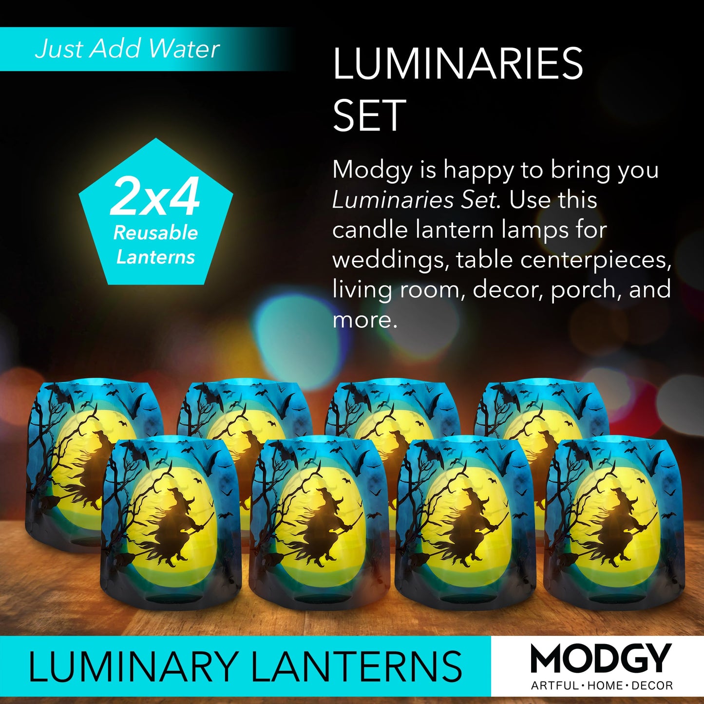 MODGY Luminary Lanterns Candle Holder Decorative Indoor Outdoor Decor, Lanterns for Wedding Centerpiece Decoration Outside Patio, with Flameless Floating LED Candles, WitchyWoman Pack of 2