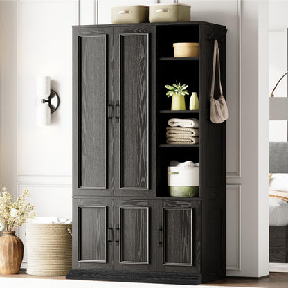 LIKIMIO Armoire Wardrobe Closet 70" H, 5 Doors Bedroom Wooden Wardrobe with 4 Storage Shelves and Hanging Rod, Clothing Storage Cabinet Organizer Combination, Black