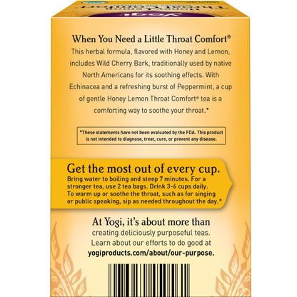 Yogi Tea Honey Lemon Throat Comfort - 16 Bags per Pack (4 Packs) - Soothing Organic Honey Tea - Includes Lemongrass, Peppermint Leaf, Licorice Root, Wild Cherry Bark, Black Pepper & More