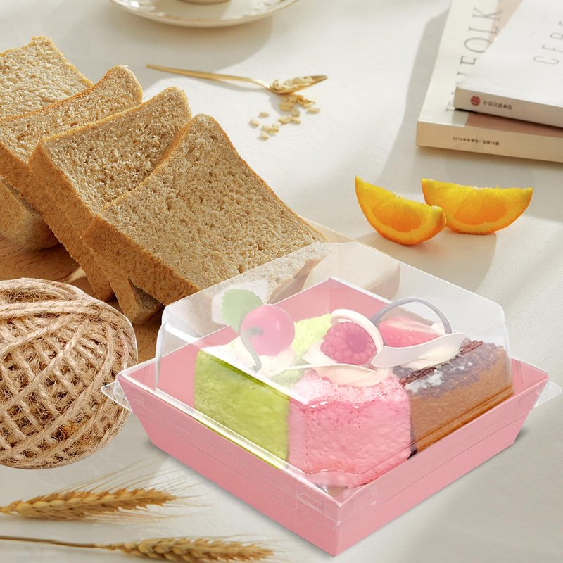 TANEMUDO 200 Pack Charcuterie Boxes with Clear Lids and Rope for 4 Inches Cake Boxes Disposable Square Dessert Food Containers for Bakery Cookies Strawberries Fruits Display (Pink)