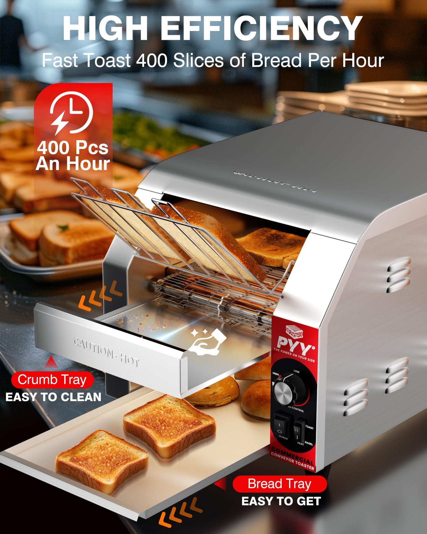 PYY Commercial Conveyor Toaster - 450slice/H Electric Industrial Belt Toasters Oven Heavy Duty Stainless Steel for Bun Bagel Bread Waffle Restaurant Buffet with ETL certification 1800W
