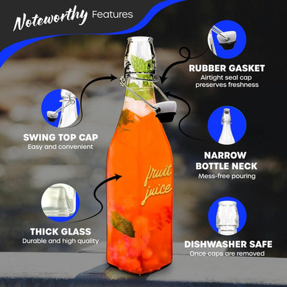 Nevlers 17 Oz Square Flip Top Glass Bottle with Lid 6 Pack | Swing Top Glass Bottles with Airtight Lids, Funnel, Brush & Gold Marker | Coquito Bottles with Caps | Juice, Extract & Syrup Container Set